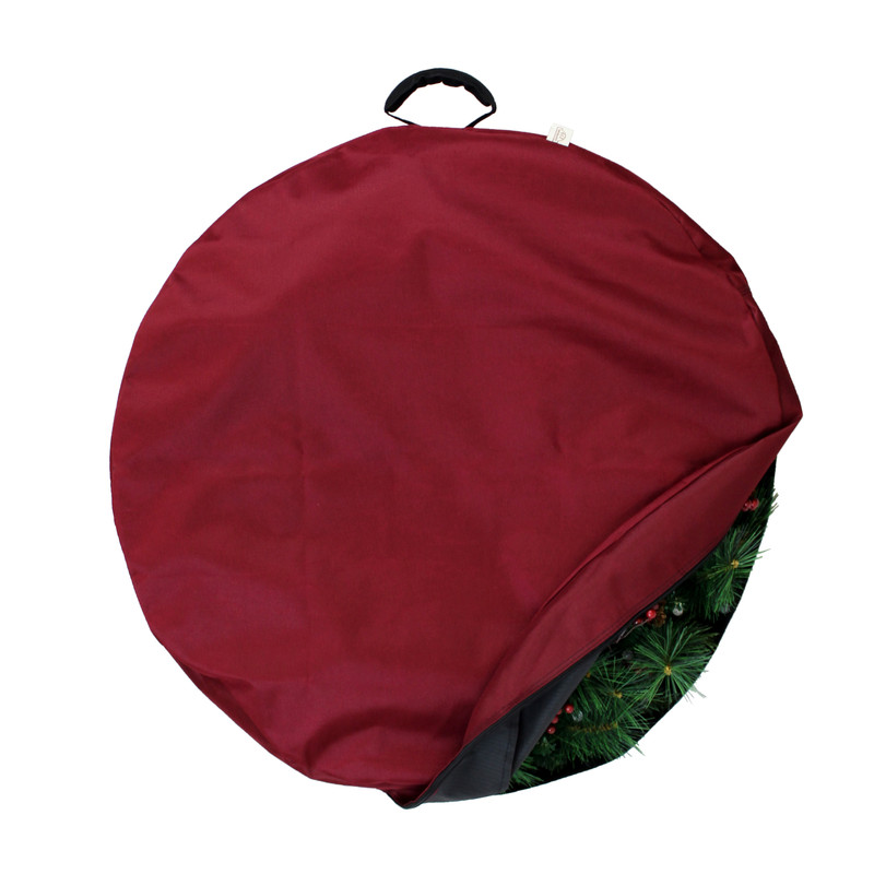 24" Christmas Wreath Storage Bag Container, Woven Polyester Fabric, Padded Handle with Carabiner Clip for Suspension Hanging (SB-10176-VT)