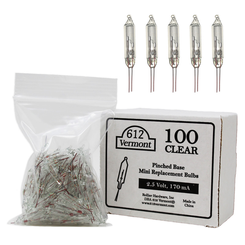 2.5 Volt Mini Christmas Replacement Bulbs for Christmas Trees and Incandescent String Lights, Pinched Base, 100 Count 2.5 Volt Mini Christmas Replacement Bulbs for Christmas Trees and Incandescent String Lights, Pinched Base, 100 Count