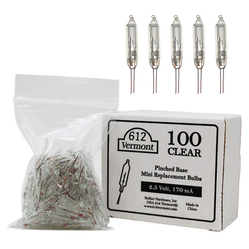 2.5 Volt Mini Christmas Replacement Bulbs for Christmas Trees and Incandescent String Lights, Pinched Base, 100 Count 2.5 Volt Mini Christmas Replacement Bulbs for Christmas Trees and Incandescent String Lights, Pinched Base, 100 Count