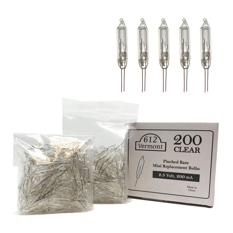 2.5 Volt Mini Christmas Replacement Bulbs for Christmas Trees and Incandescent String Lights, Pinched Base, 200 Count