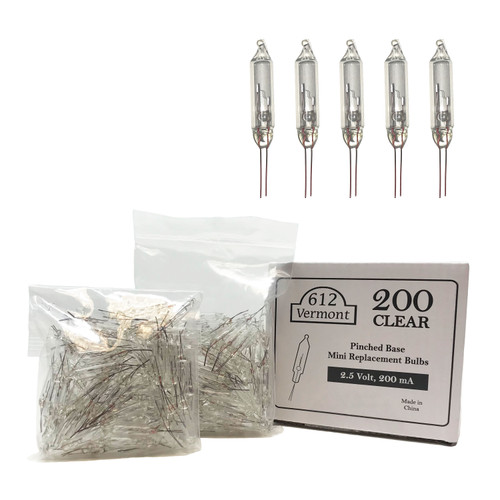 2.5 Volt Mini Christmas Replacement Bulbs for Christmas Trees and Incandescent String Lights, Pinched Base, 200 Count 2.5 Volt Mini Christmas Replacement Bulbs for Christmas Trees and Incandescent String Lights, Pinched Base, 200 Count
