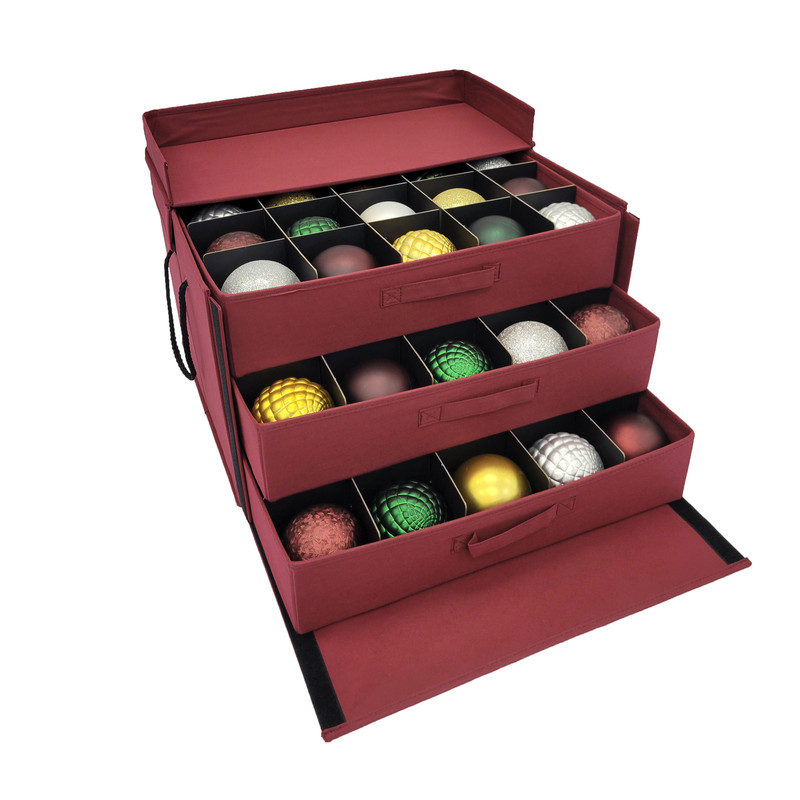 Christmas Ornament Storage Box with 3 Trays, Adjustable Acid-Free Dividers, Holds 60 - 4 Inch Ornaments (21.25"L x 17.25"W x 13"H, SB-10497F-VT)